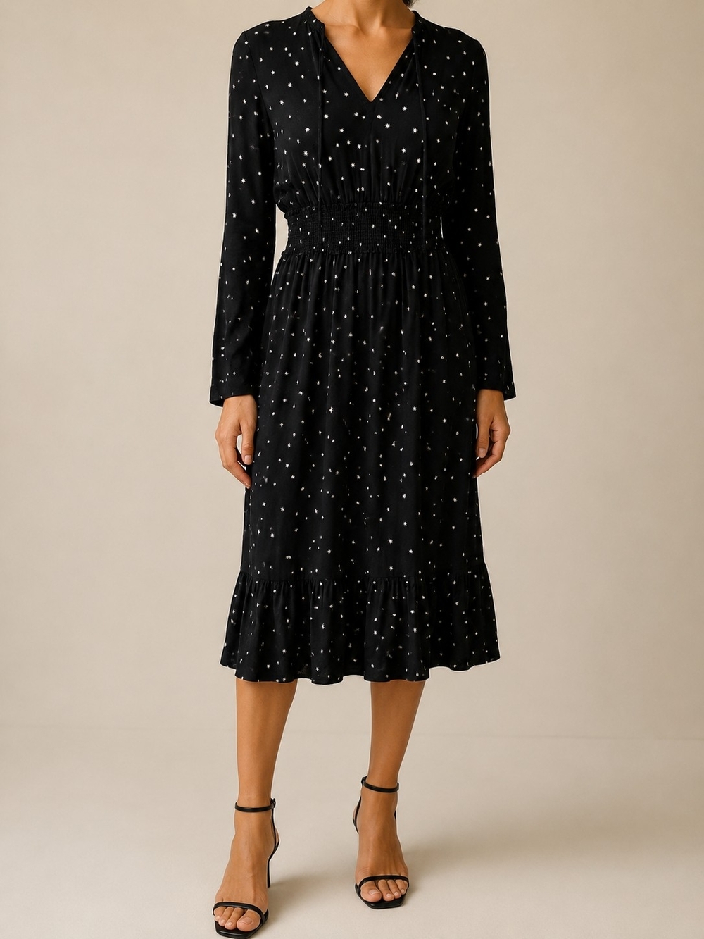 Rails Joy Onyx Starburst Print Midi Dress Women's Medium Black Long Sleeve Smock